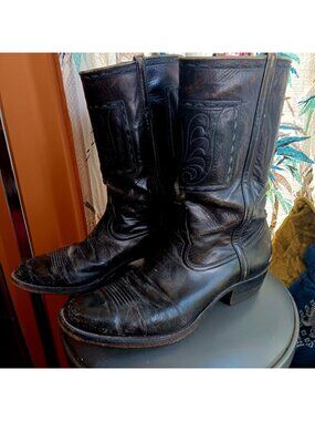 10D Vintage Handmade 1960's Black Leather Cowboy Boots Men’s 10 D USA